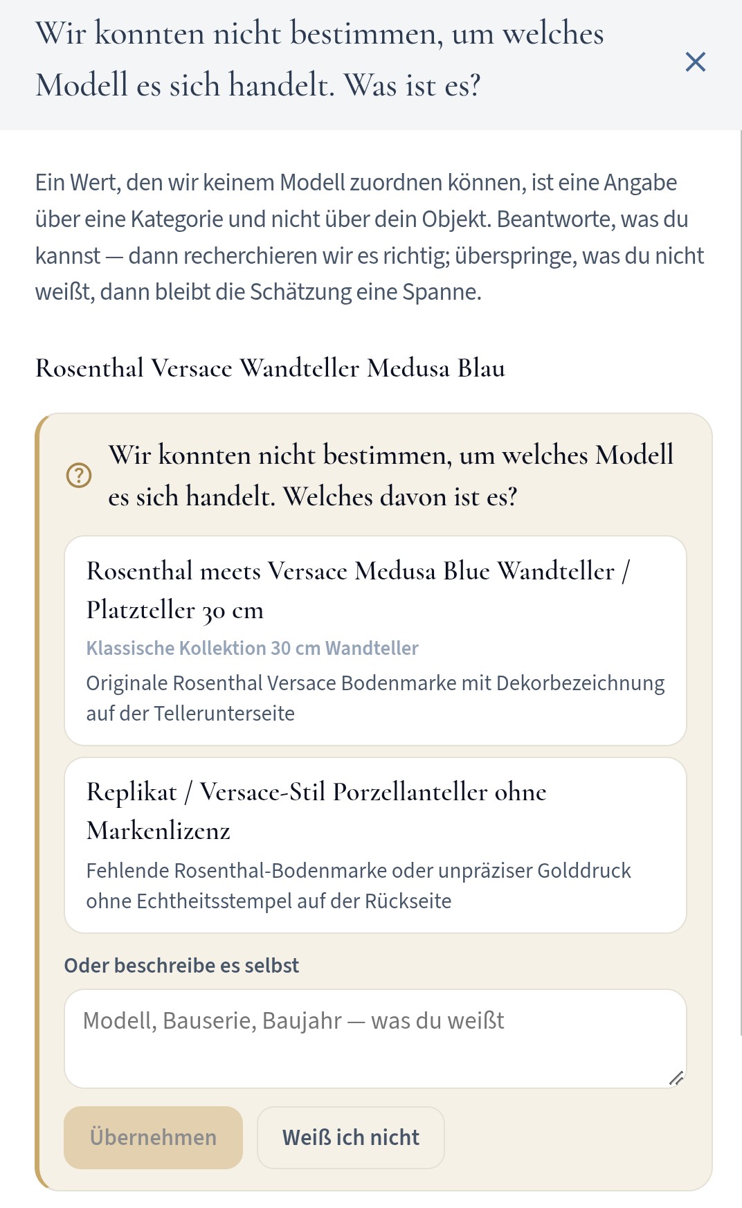 Screenshot from OWNAMIC: OWNY asks which model it is and offers two answers – a Rosenthal meets Versace wall plate with the original backstamp, or a Versace-style replica without a brand licence